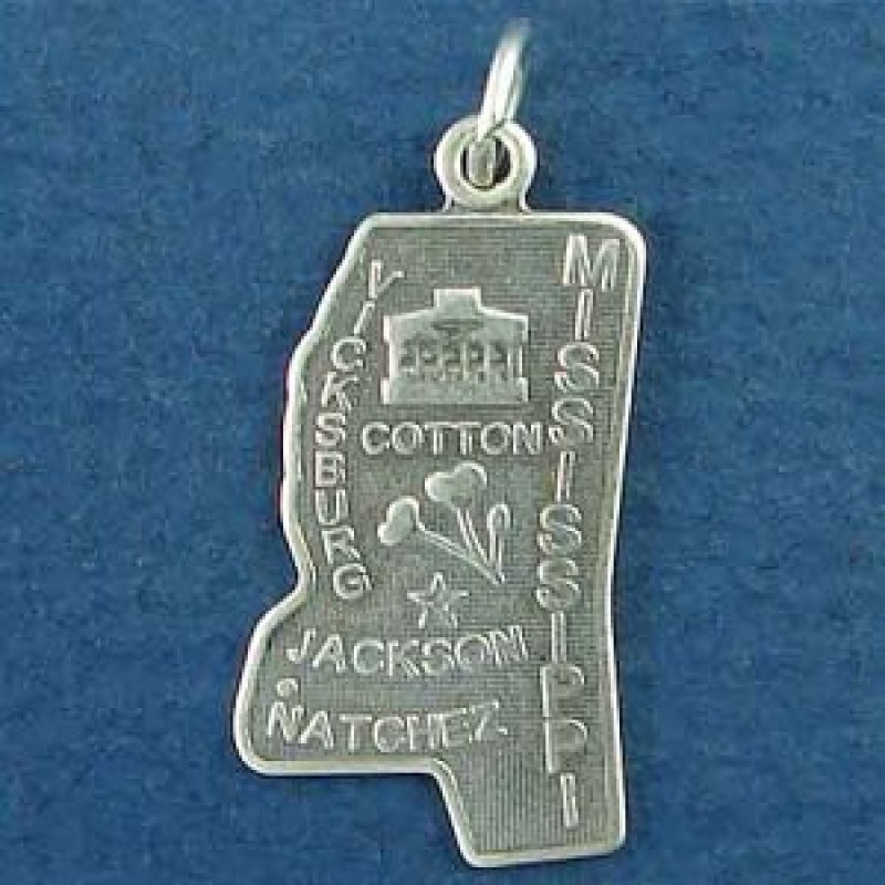 State Of Mississippi Sterling Silver Charm Pendant And Cities Jackson, Natchez And Vicksburg With Picture Of Cotton Plant And Monument