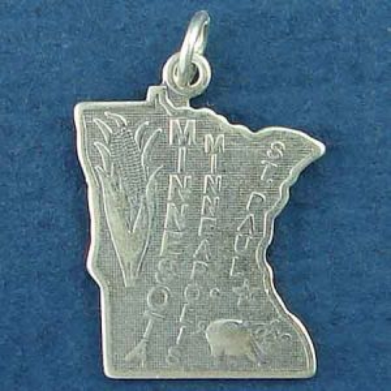 State Of Minnesota Sterling Silver Charm Pendant And Cities St. Paul And Minneapolis With Picture Of Pig And Ear Of Cornpig