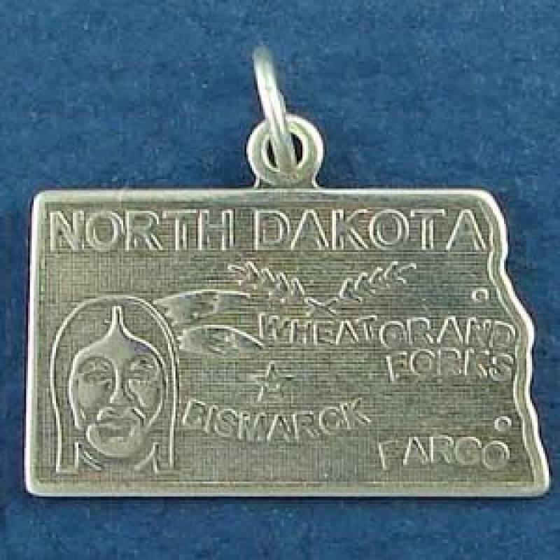 State Of North Dakota Sterling Silver Charm Pendant And Cities Bismarck, Grand Forks And Fargo With Picture Of Indian's Head And Wheat Grain