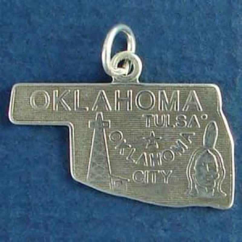 State Of Oklahoma Sterling Silver Charm Pendant And Cities Oklahoma City And Tulsa With Picture Of An Indian Brave And Oil Derrick