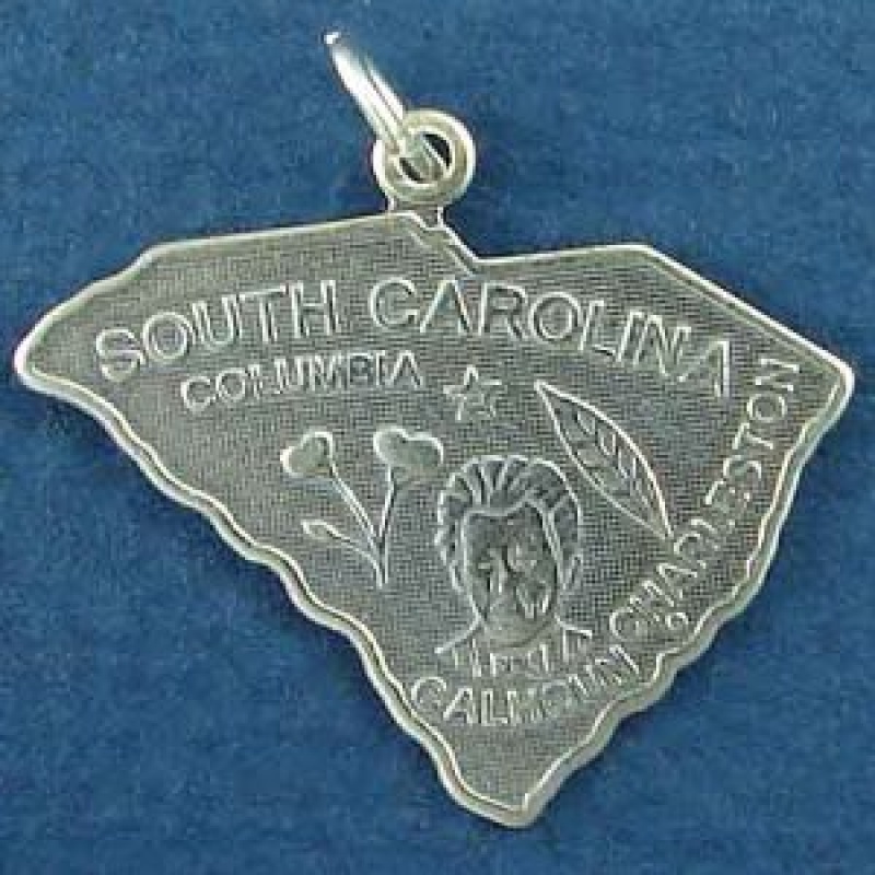 State Of South Carolina Sterling Silver Charm Pendant And Cities Columbia And Charleston With Picture Of John C. Calhoun's Head, Cotton And Tobacco Leaf