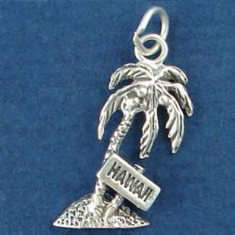 Palm Tree With Hawaii Sign Sterling Silver Charm Pendant