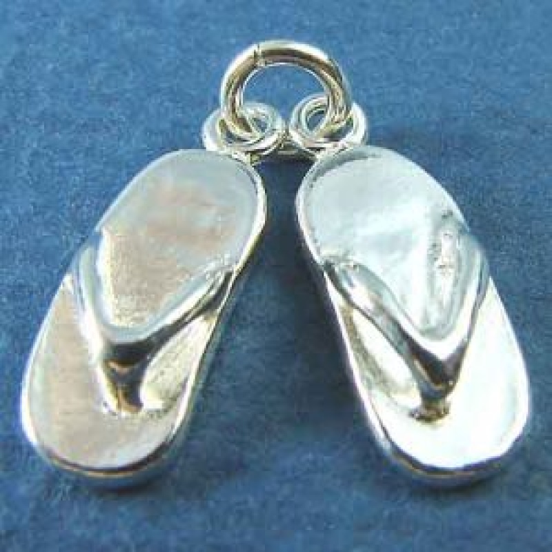Flip Flop Charm Sterling Silver Pendant Beach Sandal Pair Of 3D Shoes