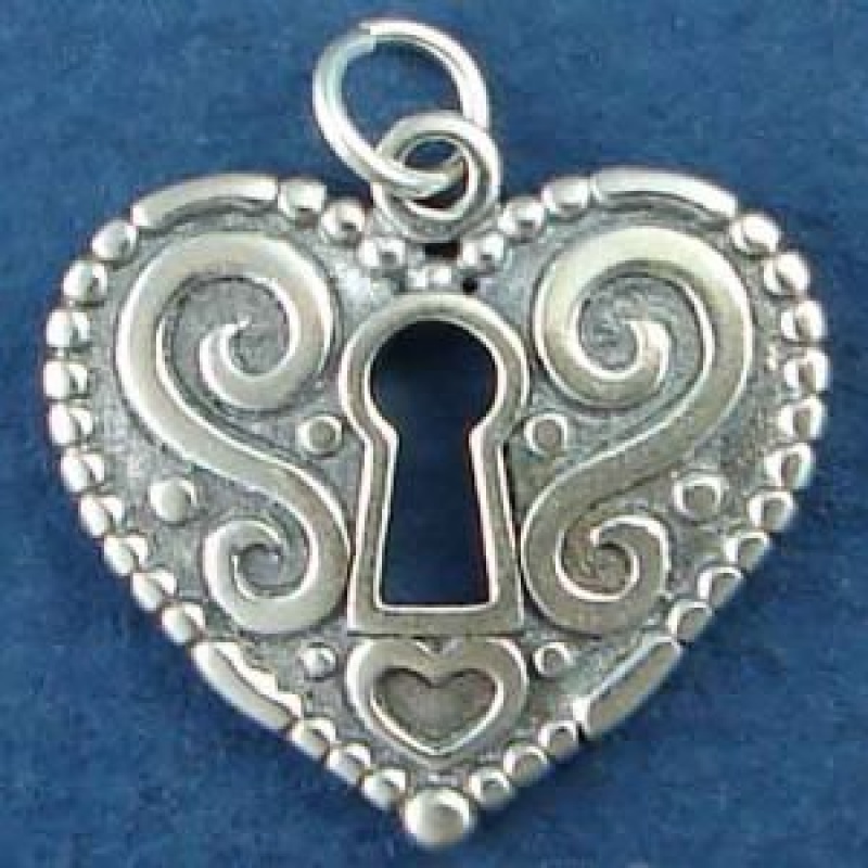 Heart Double Sided With Scroll Accent And Key Hole Sterling Silver Charm Pendant