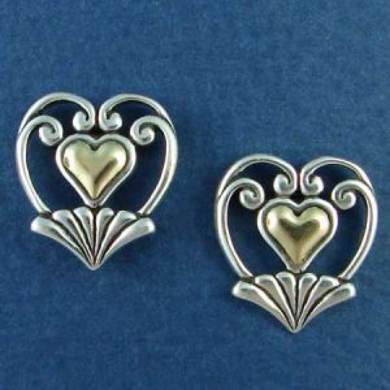 Heart With Scroll Fan Design Sterling Silver Post Earrings And 14K Gold Heart Accent