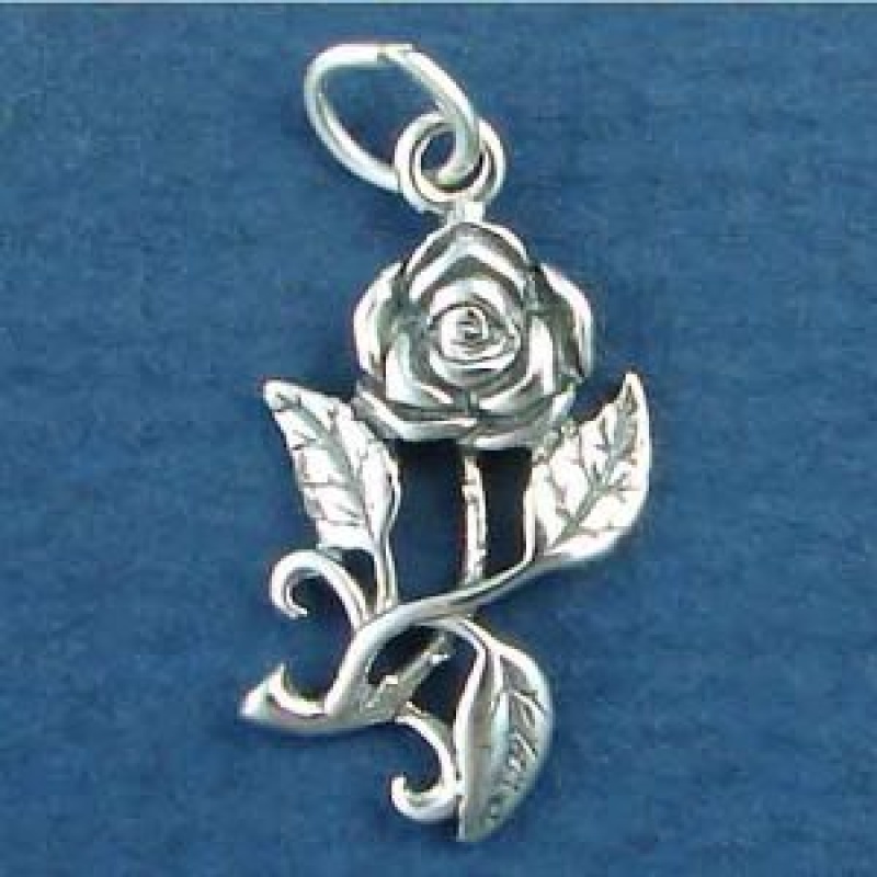 Flower With Stem Rose Sterling Silver Charm Pendant