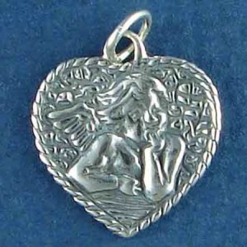 Angel Charm Sterling Silver Pendant In Raphael Pose On Heart