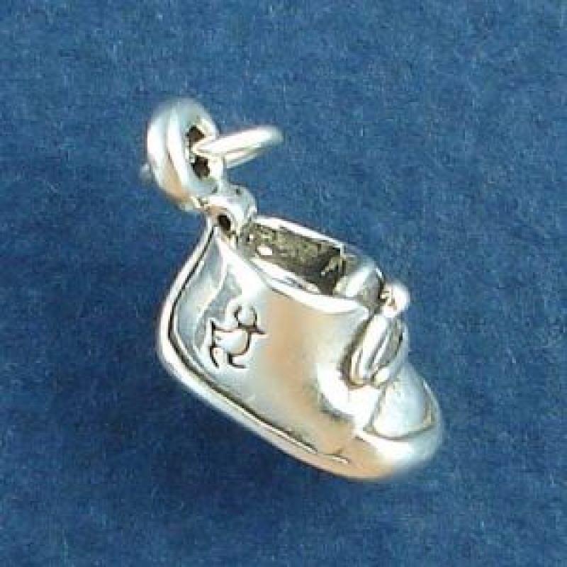 Tied Baby Bootie With Embossed Duck Design 3D Shoe Sterling Silver Charm Pendant