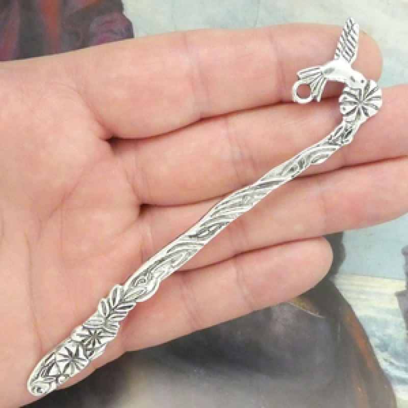 Hummingbird And Flower Shepherd Hook Bookmark Silver Pewter