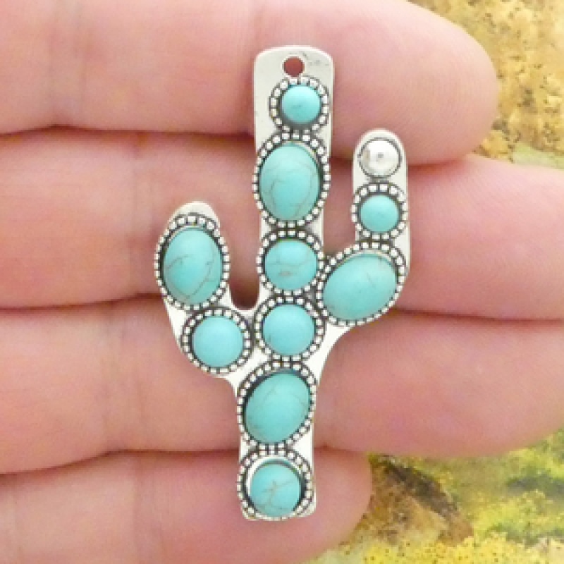 Turquoise Cactus Pendants Wholesale In Silver Pewter