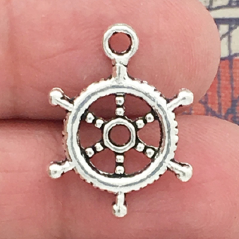 Wheel Of Ship Charm In Antique Silver Pewter Nautical Charm