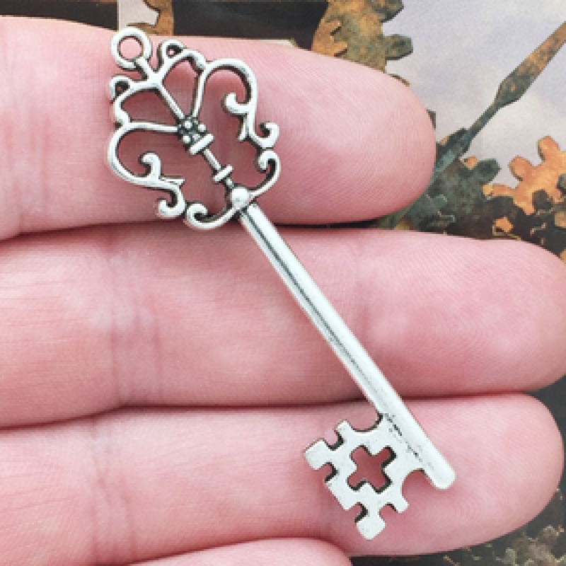 Key Charm In Antique Silver Pewter With Crown Design