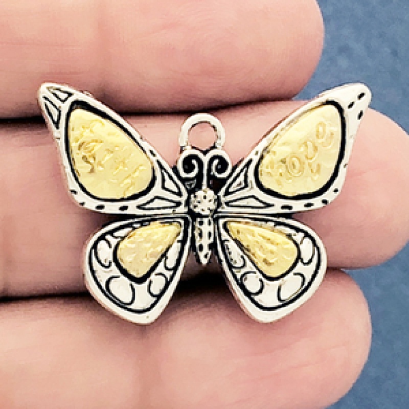 Butterfly Charms For Jewelry Making Silver Pewter With Gold Accents