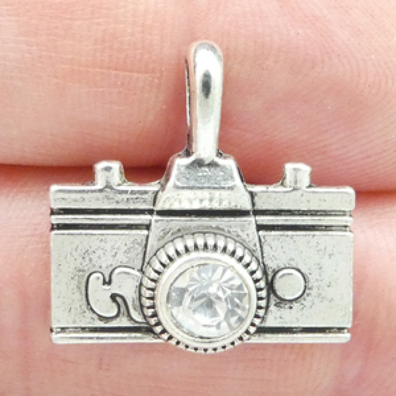 Camera Charm In Antique Silver Pewter With Rhinestone