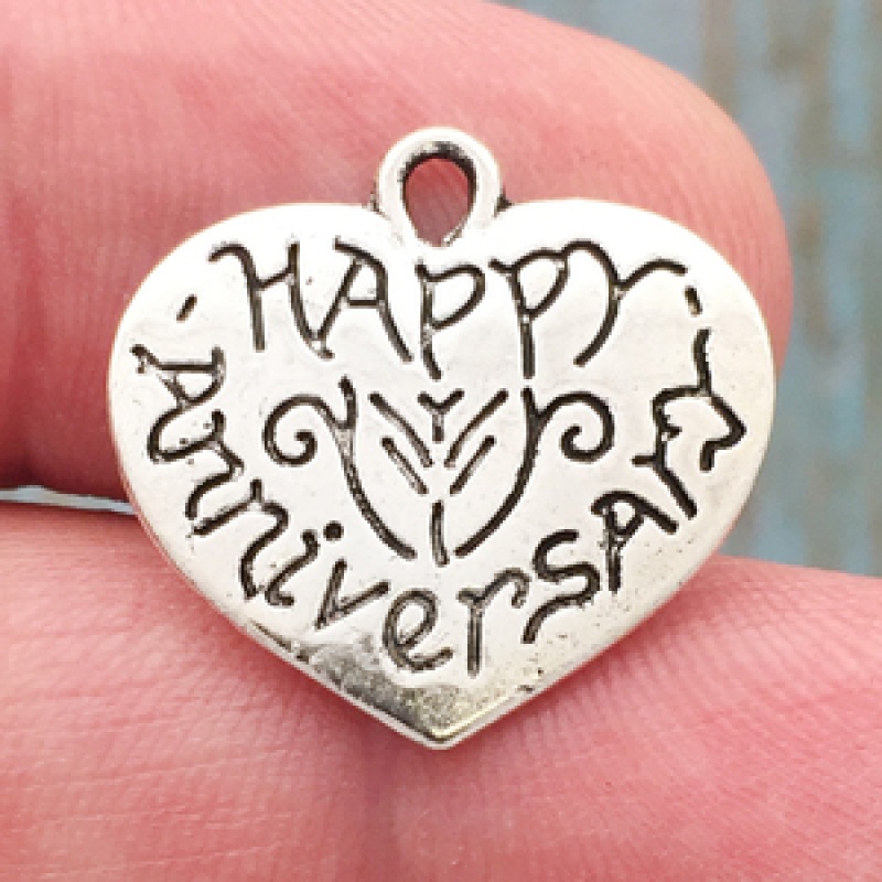 Heart Happy Anniversary Charm In Antique Silver Pewter