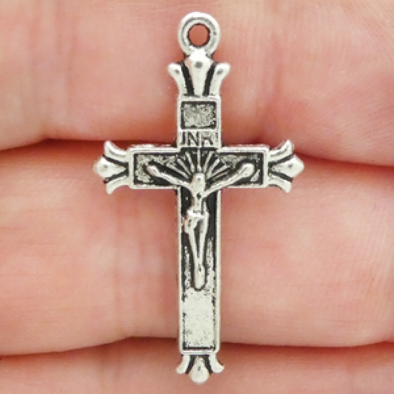 Crucifix Cross Charm In Antique Silver Pewter With Sun Ray Accents