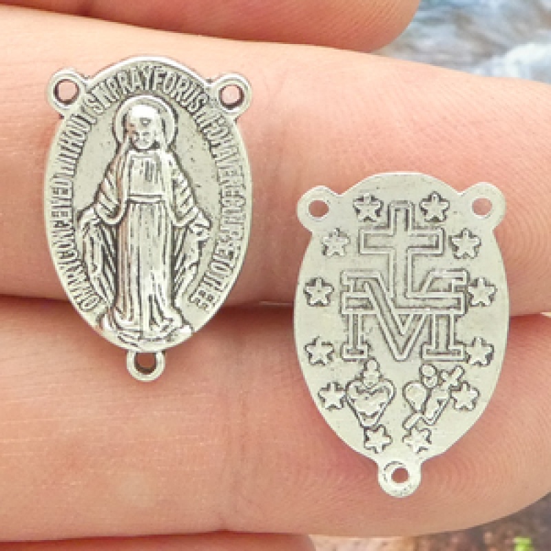 Miraculous Medal Rosary Centerpiece In Antique Silver Pewter