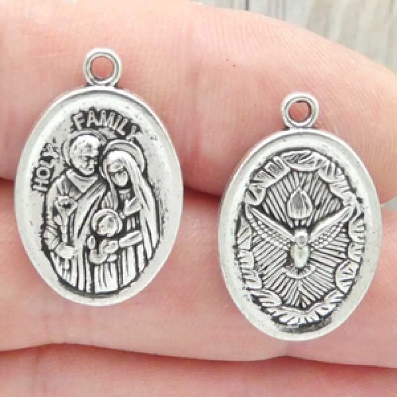 Holy Family Medal With Holy Spirit In Antique Silver Pewter