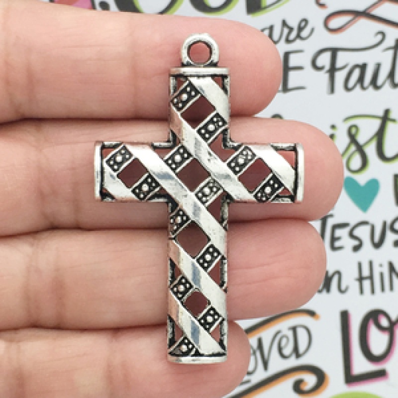Silver Cross Pendants Bulk With Basket Weave Design Pewter