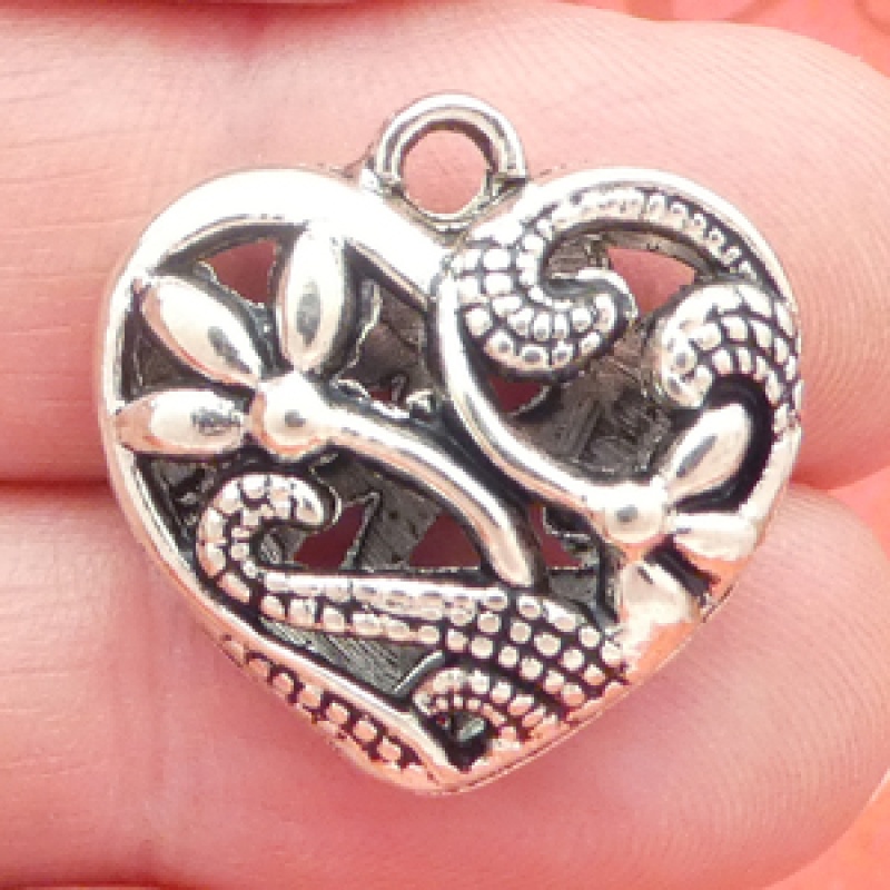 Double Sided Flower Heart Charm Pendant With Antique Silver Pewter Medium