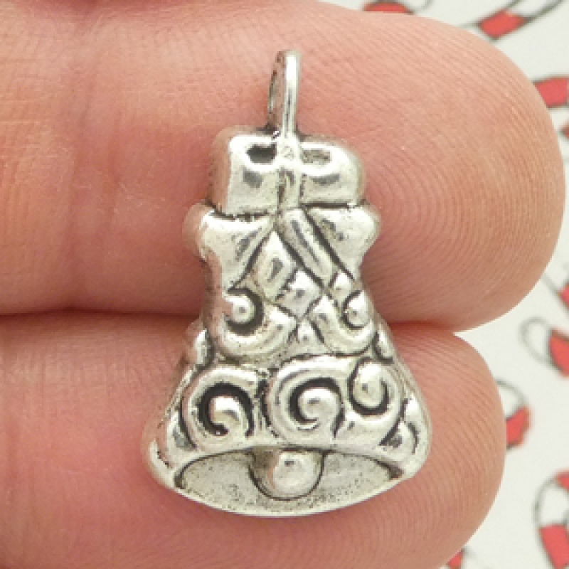 Christmas Bell Charms For Jewelry Making In Antique Silver Pewter