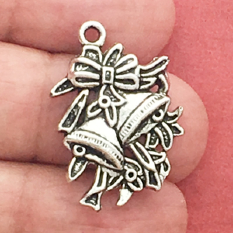 Christmas Bell Charm In Silver Pewter With Ribbon