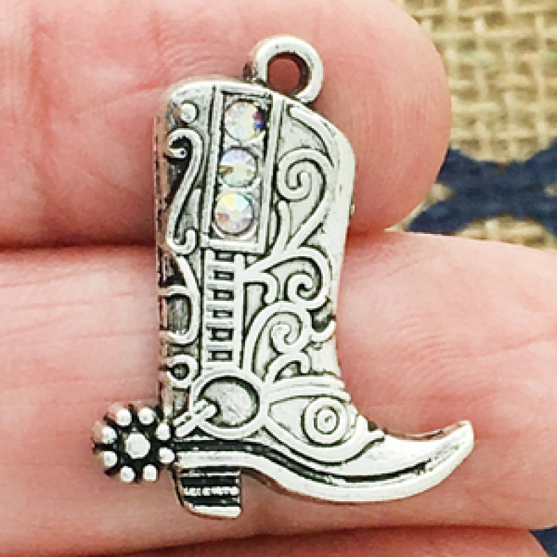 Cowboy Boot Charms For Jewelry Making In Silver Pewter With Crystal Accents