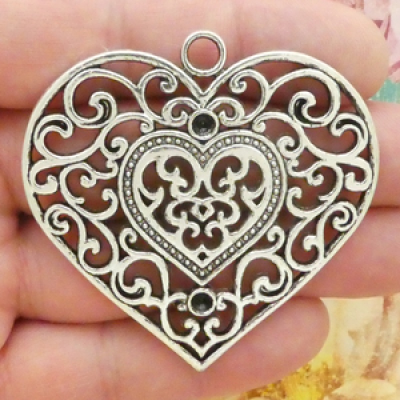Silver Filigree Heart Pendant Pewter Large