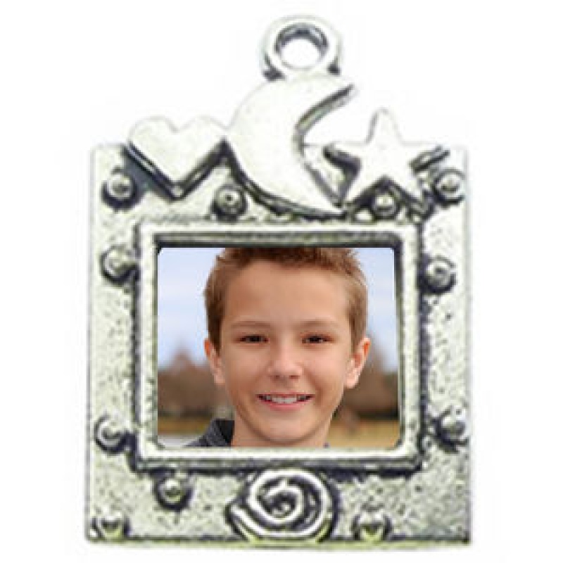 Square Photo Charm In Antique Silver Pewter Picture Charm With Moon And Star Accent
