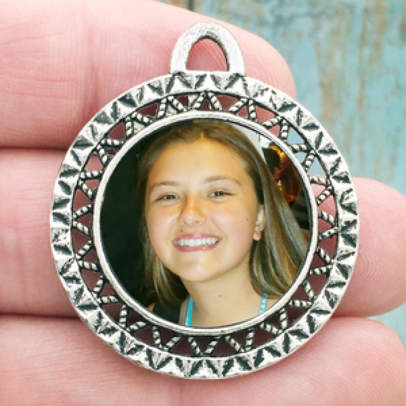 Double Sided Round Photo Charm Pendant Wholesale In Antique Silver Pewter