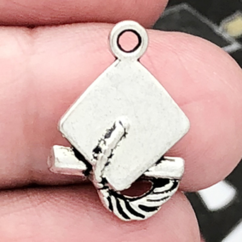 Graduation Cap Charm Silver Pewter With Diploma