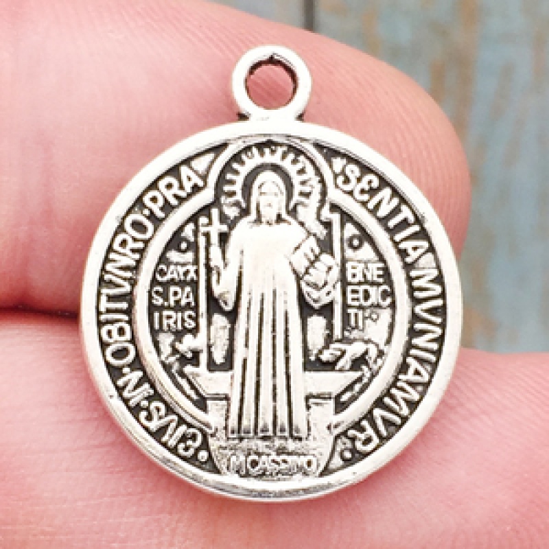 Medium Saint Benedict Charm In Antique Silver Pewter