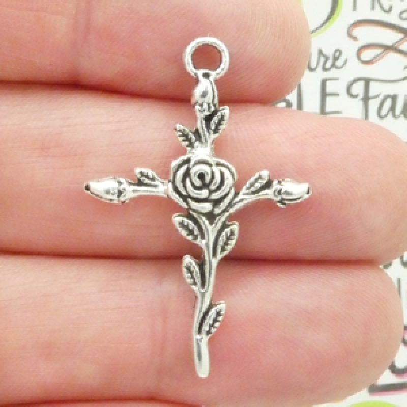 Rose Cross Charms Wholesale Silver In Pewter