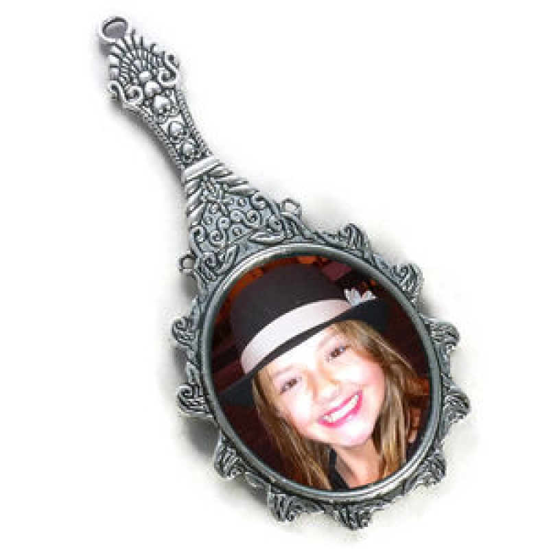 Hand Mirror Oval Photo Charm In Antique Silver Pewter Picture Charm