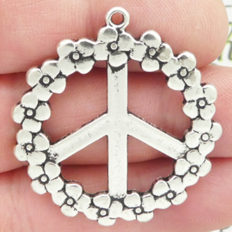 Flower Peace Sign Charm In Silver Pewter Large