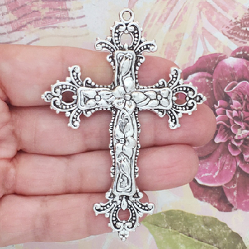 Ornate Large Cross Pendant In Silver Pewter