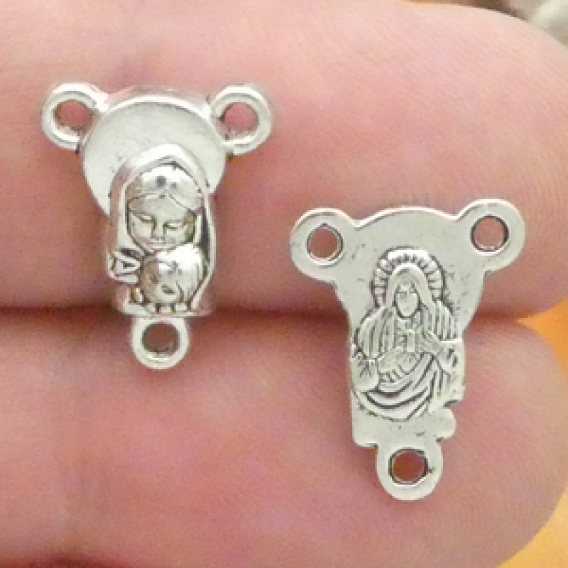 Catholic Rosary Centerpieces With Mother Mary In Silver Pewter