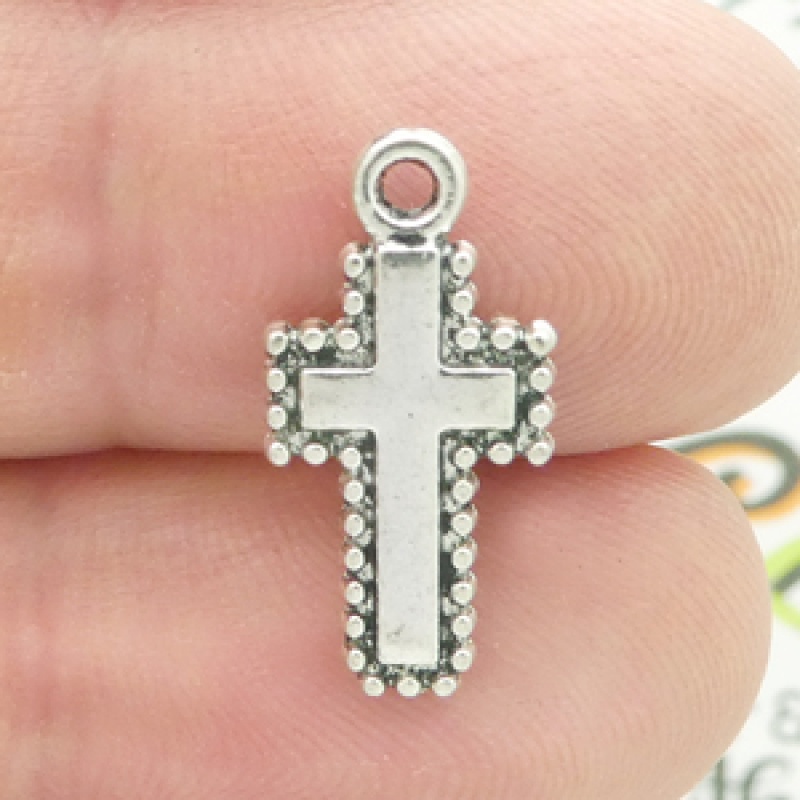 Small Cross Charm In Silver Pewter With Bead Accents