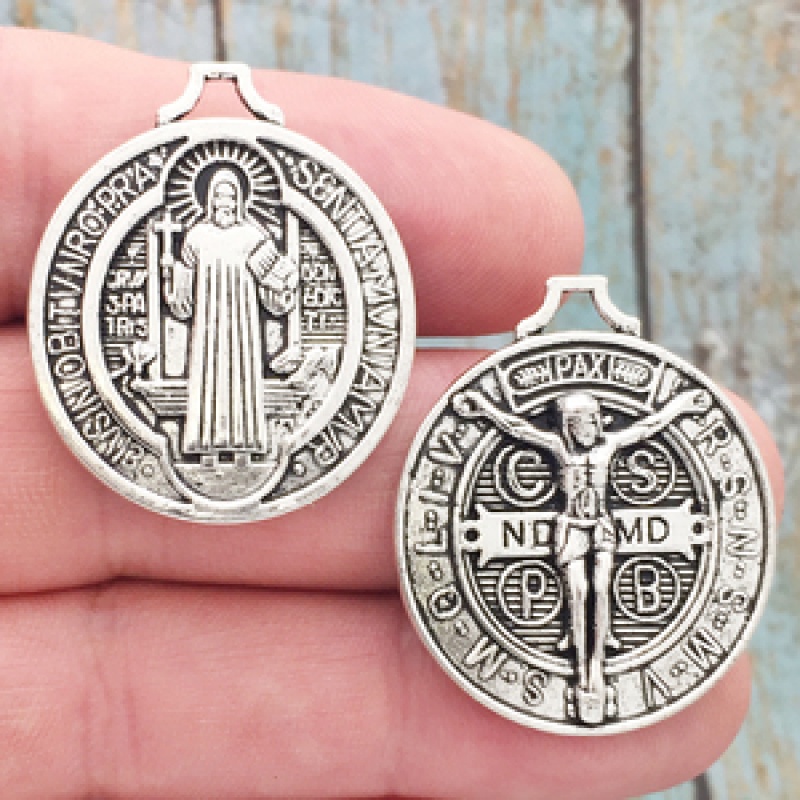 St Benedict Medal Pendant With Crucifix In Silver Pewter Medium