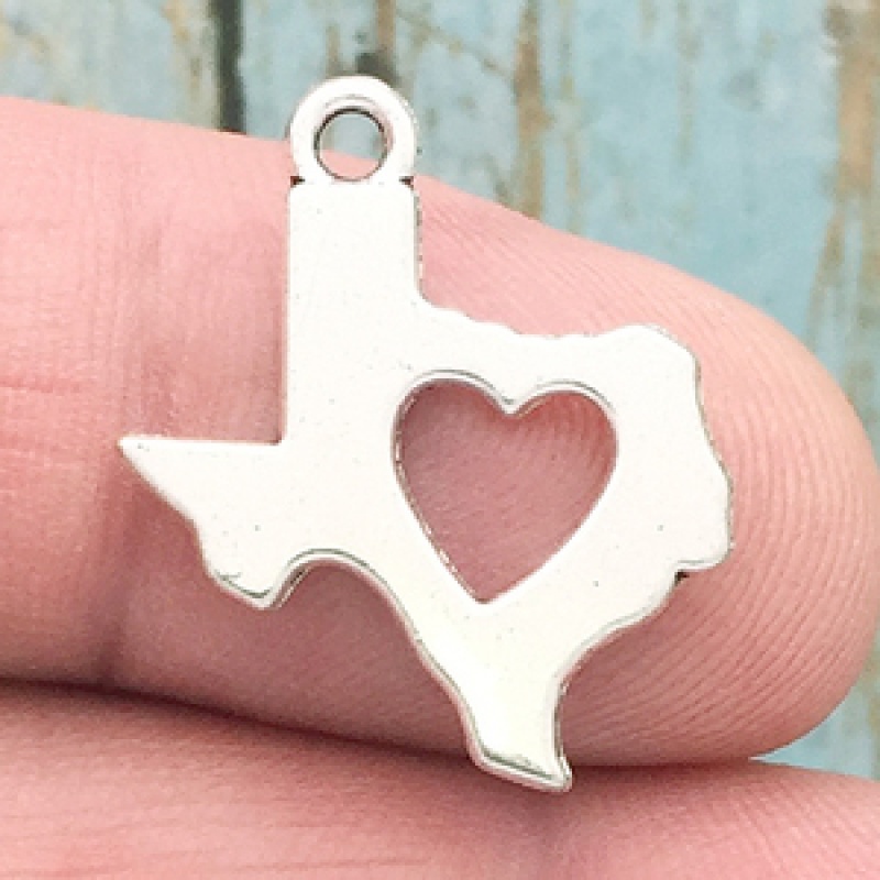 Texas State Charm With Open Heart Silver Pewter