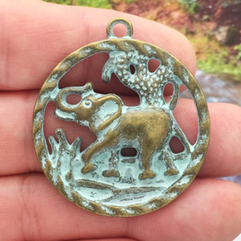 Elephant Charm Pendant In Antique Gold Turquoise Oxidized Pewter Large