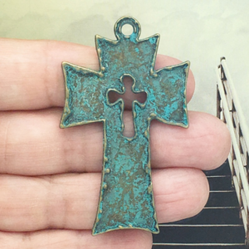 Oxidized Brass Cross Pendant In Pewter Large