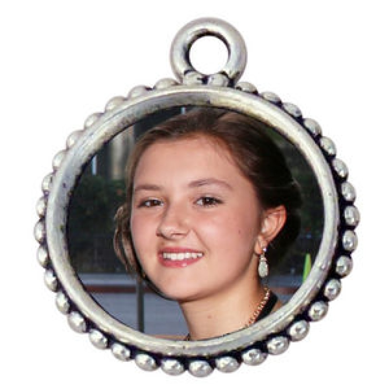 Round Bead Photo Charm With Rose Image On Back In Antique Silver Pewter Picture Charm