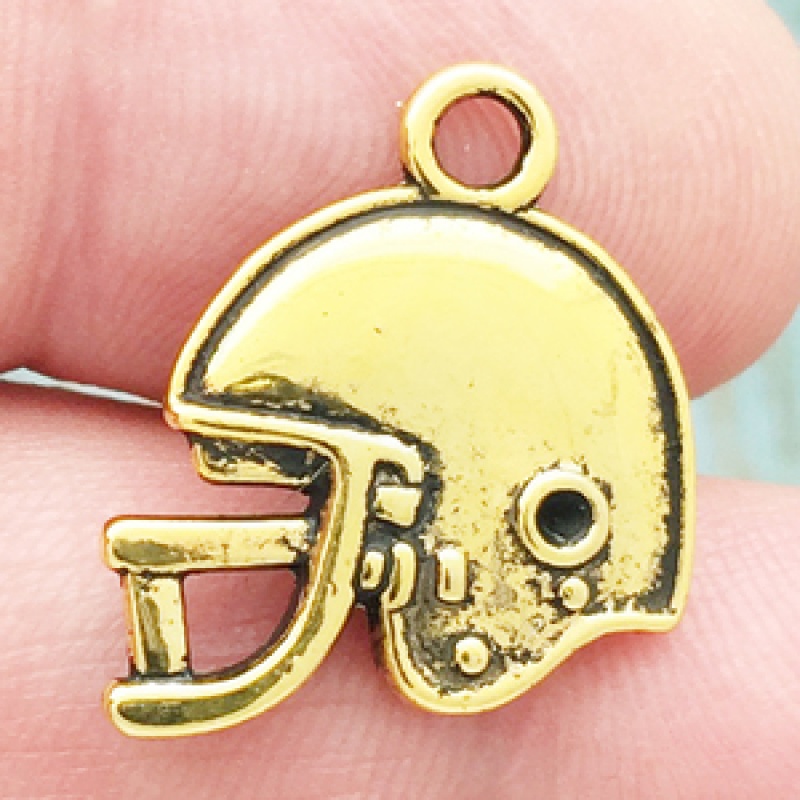 Football Helmet Charm In Antique Gold Pewter Double Sided Flat