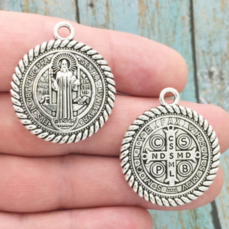 St Benedict Medal Pendant With Rope Trim In Antique Silver Pewter