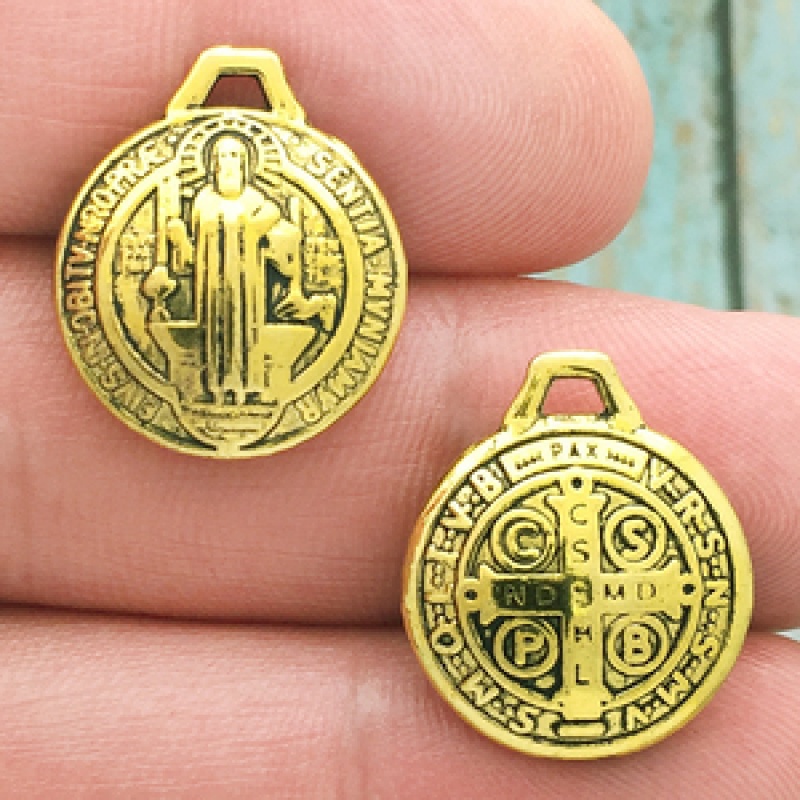St Benedict Medal Puffed Charm Double Sided In Gold Pewter
