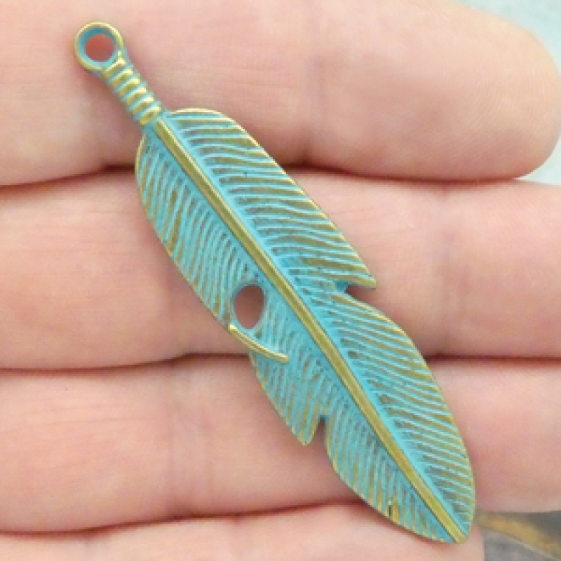 Gold Feather Pendant With Oxidized Turquoise Pewter