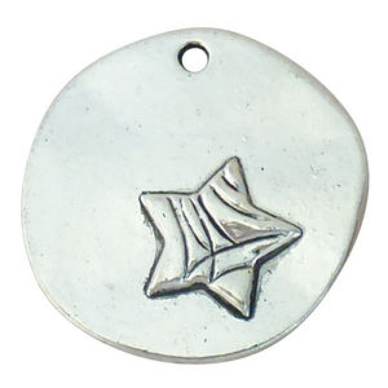 Round Flattened Disk With Star Charm In Antique Silver Pewter