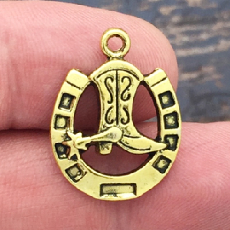 Horseshoe With Cowboy Boot Charm In Antique Gold Pewter