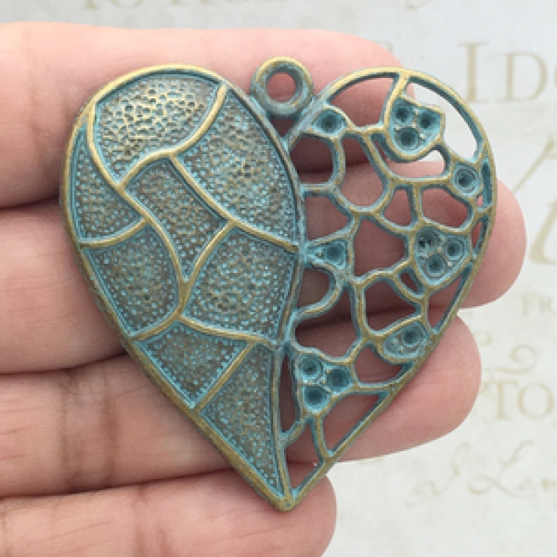 Large Heart Pendant In Antique Gold And Turquoise Pewter